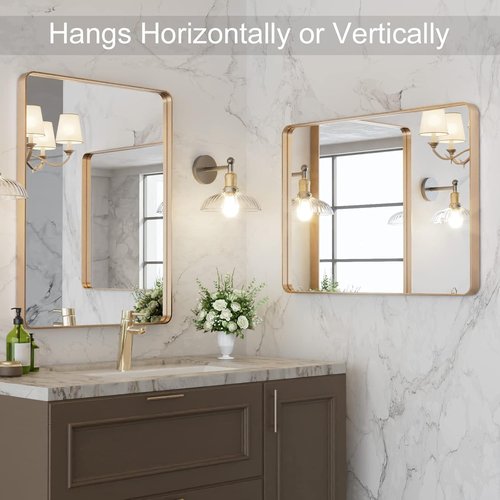 LOAAO Gold Bathroom Mirror - 22”x30” Rounded Rectangle Design | Brushed Gold Frame, Anti-Rust, Versatile Mounting Options