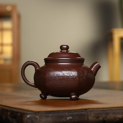 SILINE Zisha Teapot, Chinese Yixing Clay Handmade Tea Pot 11 Oz, Infuse Brew Kung Fu Loose Leaf Tea Maker (SanzuMeihua,Purple Clay)