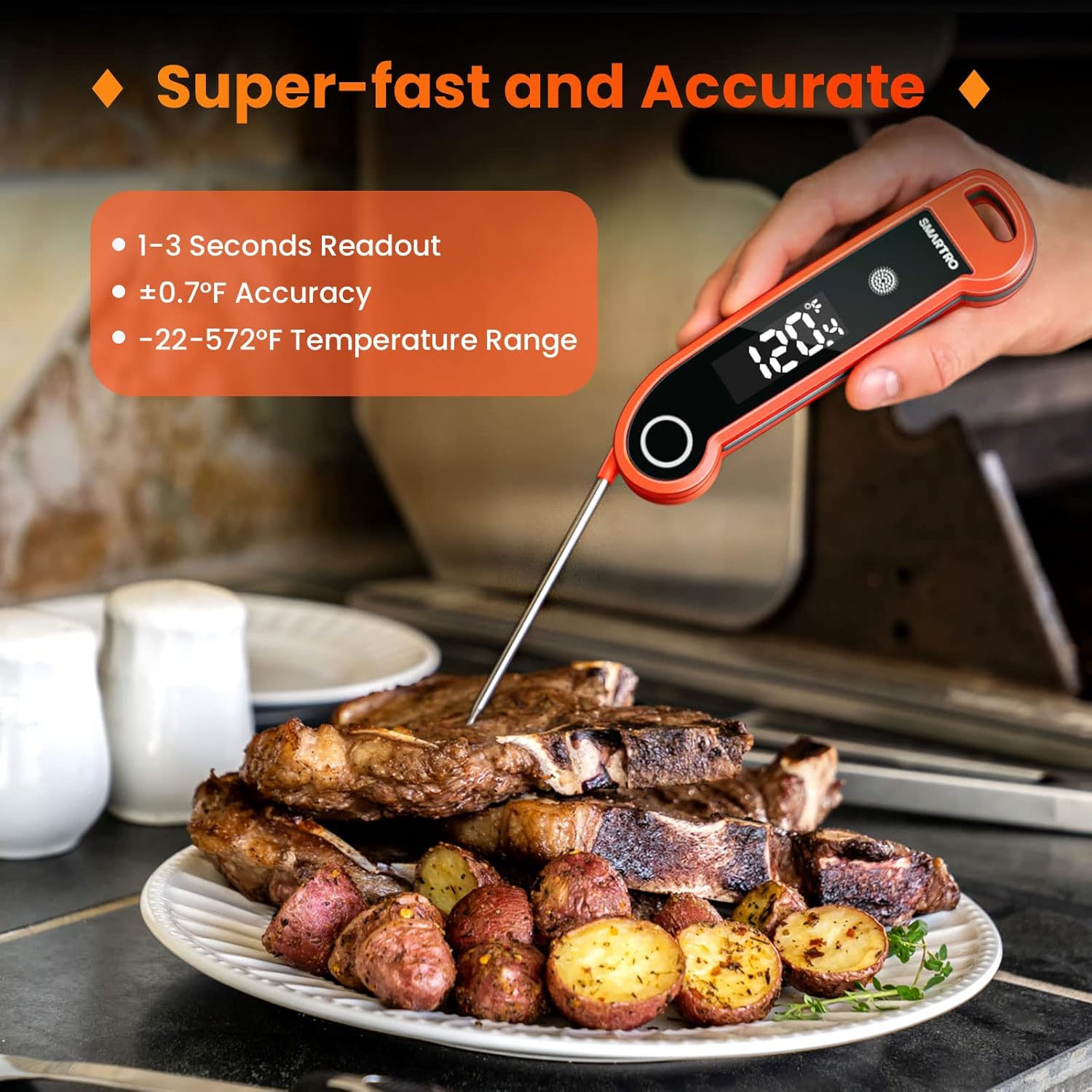 SMARTRO ST49 Digital Meat Thermometer - Instant-Read with Ambidextrous Backlit for Grilling, BBQ & Cooking