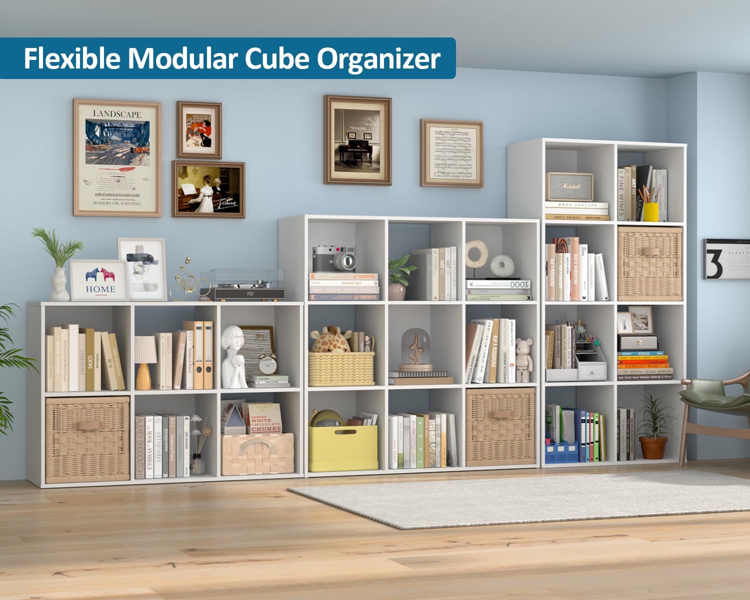 PrimeZone Stackable 9-Cube Storage Organizer - Versatile Wood Shelf for Closet & Bedroom | White Cubicle Cabinet