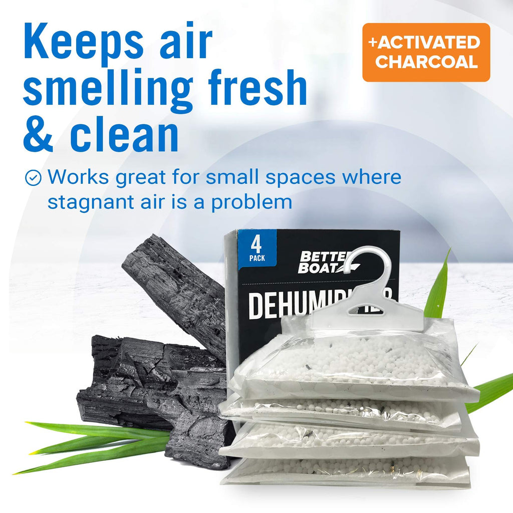 4 Pack Moisture Absorber Hanging Bags, Boat Dehumidifier with Charcoal, Unscented, Removes Dampness and Musty Odors, Ideal for Basement, Closet, Home, Car, RV, and Boating