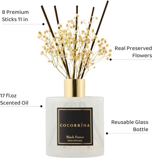 Cocorrína Reed Diffuser - Black Forest Scented 17 Fl. Oz Diffuser with 8 Sticks & Preserved Flowers | Home Decor