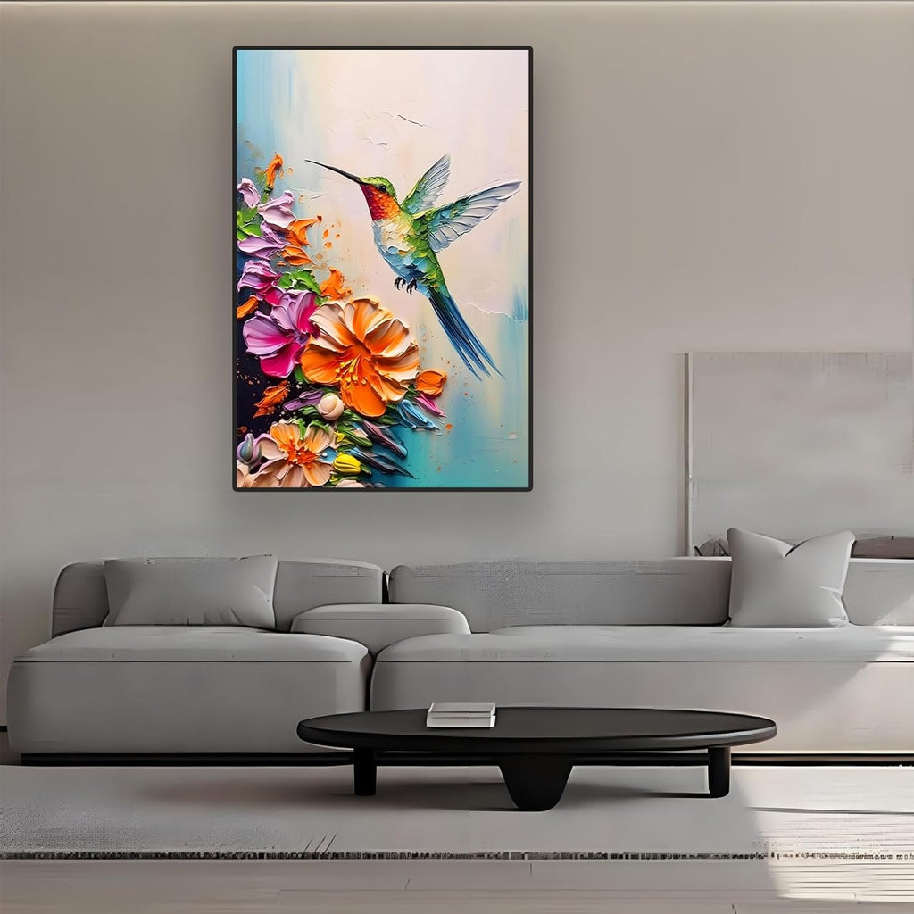 Skiennix Hummingbird Wall Art - Colorful 2D Canvas Print with Spring Flowers | 16x24 in Stretched Frame