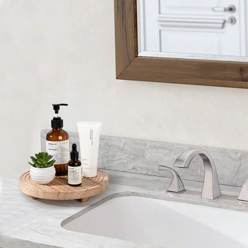 Round Decorative Tray Farmhouse Bathroom Decor Wood Riser Kitchen Countertop Organizer for Perfume, Candle, Plant, 9 inch Burlywood