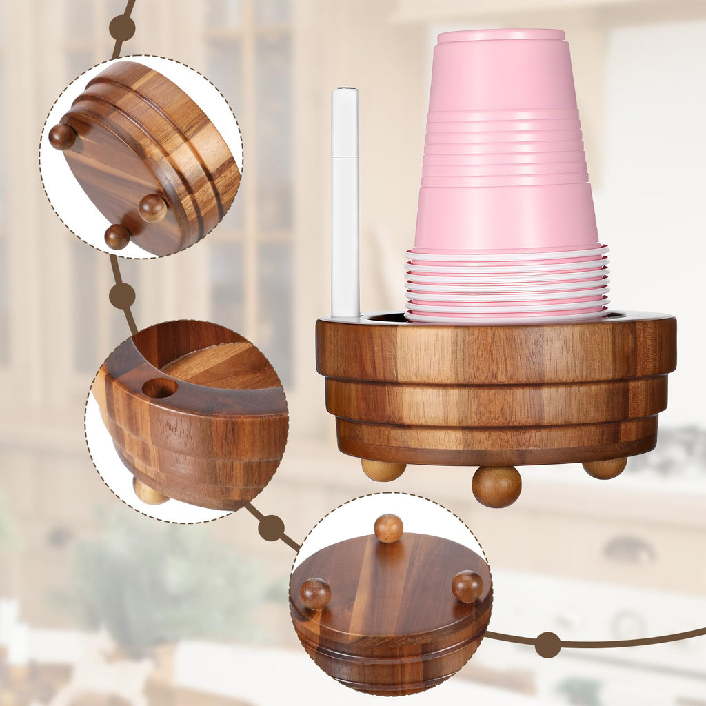 Ptwola Acacia Wood Cup Holder with Marker Slot, Disposable Paper Cup Dispenser Rustic Drink Mug Organizer Storage Box for Wedding Birthday Party Bar Kitchen Picnic Housewarming Decoration (No Pen)