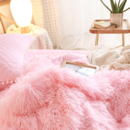 HAIHUA Pink Fluffy Comforter Set， Fluffy Plush Shaggy Duvet Cover 1 Pieces Set (1 Faux Fur Duvet Cover) Velvet Pink Bedding Twin Bed Set,Zipper Closure (Pink, Twin)