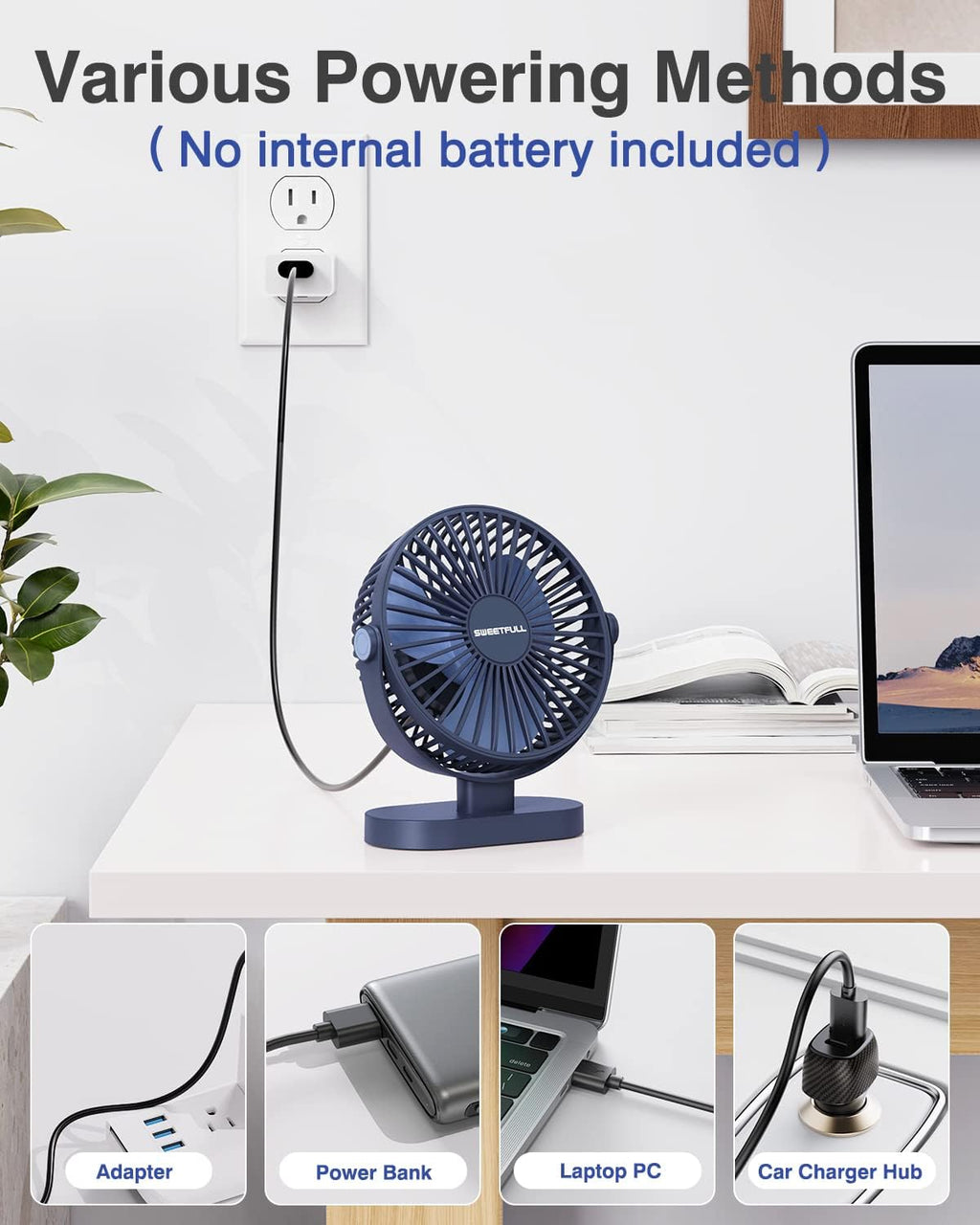 Sweetfull Small USB Desk Fan - 3-Speed Portable Mini Fan with 360° Adjustment | Quiet Operation, Blue