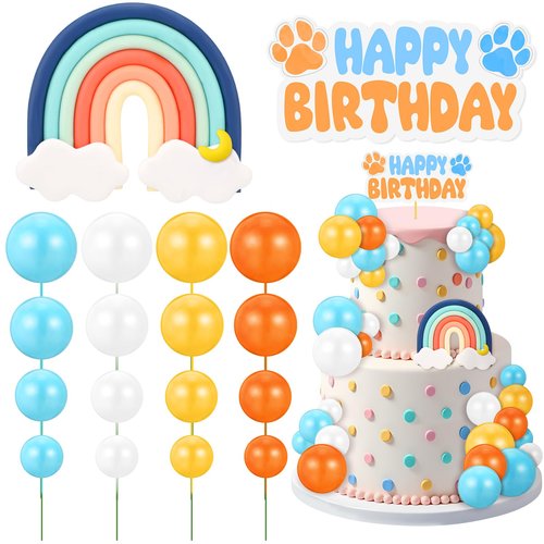 30 Pcs Blue Rainbow Cake Toppers with Blue Orange Ball Happy Birthday Cake Toppers for Birthday Wedding Party Supplies