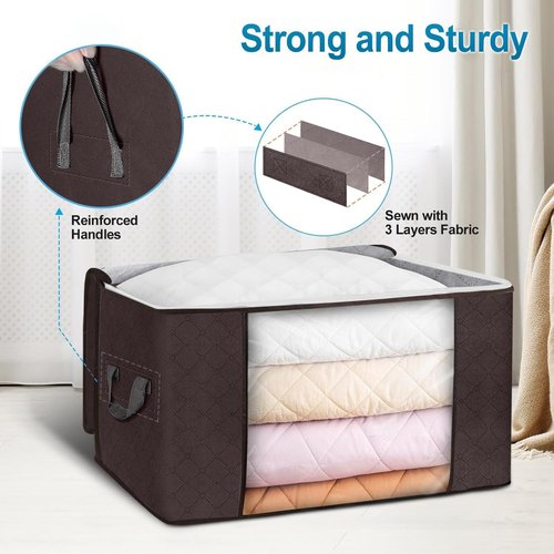 Budding Joy Foldable Large Blanket Storage Bags - 60L Capacity, Enhanced Handles, 6-Pack | Brown