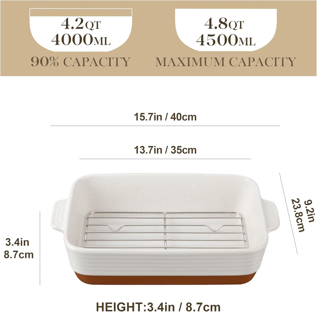 MALACASA 4.8 Qt Ceramic Baking Dish - Deep Roasting Pan with Stainless Steel Rack & Handles | 9x13 Inch, Khaki & White