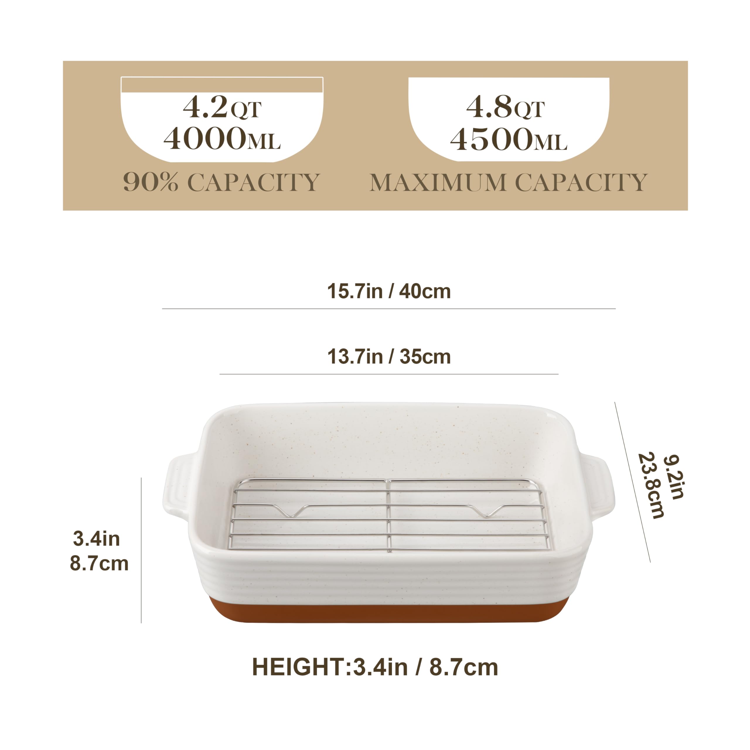 MALACASA Baking Dish with Rack, 4.8 Qt Ceramic Roasting Pan with Stainless Steel Drip Rack, 9x13 Inch Deep Casserole Dish with Handles, Oven Safe Lasagna Pan for Baking & Serving (Khaki & White) - Series Tara