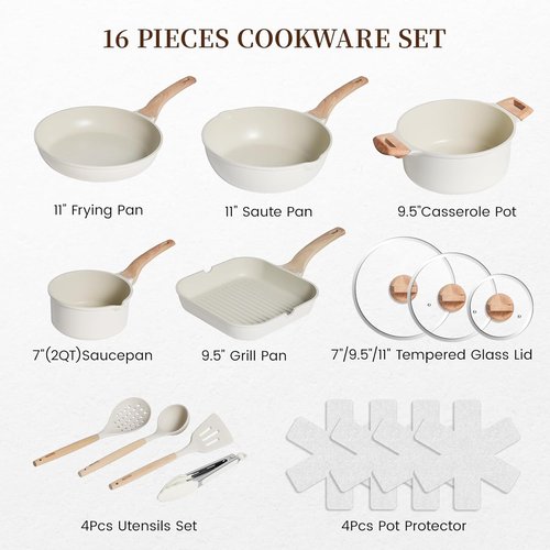 Kikcoin 16-Piece Non-Stick Ceramic Cookware Set - Induction-Compatible Kitchen Pots & Pans, White