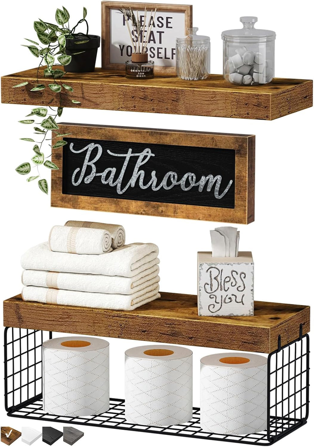 QEEIG Bathroom Shelves Over Toilet - Rustic Brown Floating Shelf Set for Farmhouse Decor | 16 Inch 2+1 Design