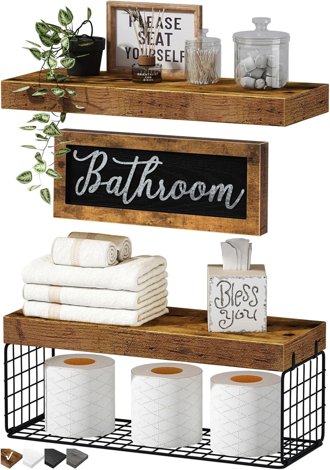 QEEIG Bathroom Shelves Over Toilet - Rustic Brown Floating Shelf Set for Farmhouse Decor | 16 Inch 2+1 Design