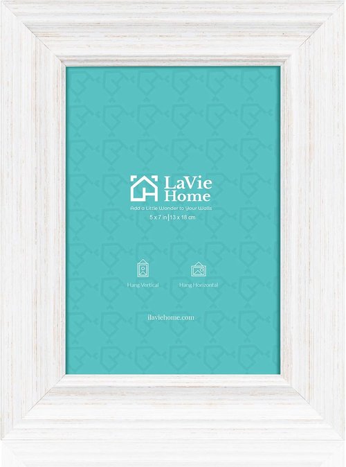 LaVie Home 5x7 Picture Frames - Rustic Distressed White Wood Grain | 3 Pack with High Definition Glass