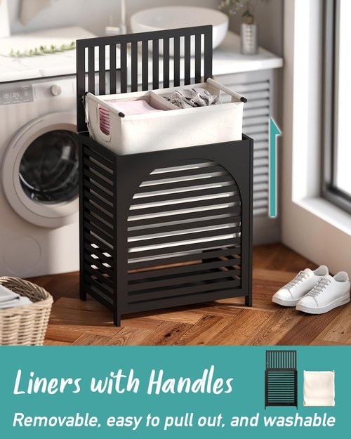 Black Laundry Hamper, Laundry Hamper with Lid, 27.3 Gallon (103L) Bamboo Wood Clothes Laundry Basket with Lid and Handles, Removable Liner