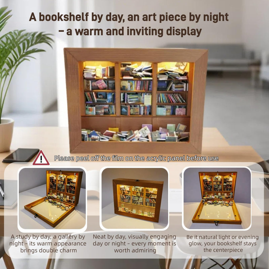 Anxiety Bookshelf with 6 Decorative Mini Lights and 400 Mini Book Pieces, Miniature Bookshelf, Book Organizer for Office Desk, Library Decor for Tiny Home and Bookish Spaces, 10.2 x 9.1 x 3.1 in