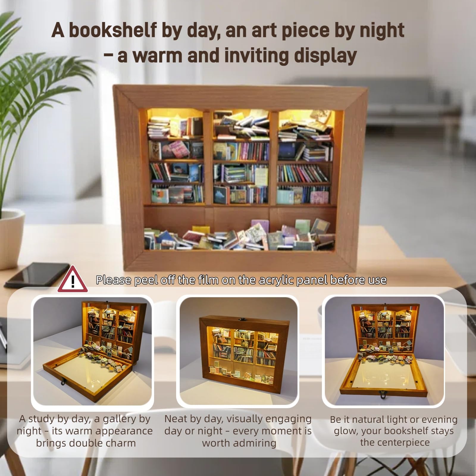 Anxiety Bookshelf with 6 Decorative Mini Lights and 400 Mini Book Pieces, Miniature Bookshelf, Book Organizer for Office Desk, Library Decor for Tiny Home and Bookish Spaces, 10.2 x 9.1 x 3.1 in