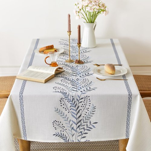 Aiimart Linen Style Embroidered Tablecloth, Waterproof and Wrinkle-Resistant Table Cloth Rectangle Tables, Farmhouse Floral Rectangle Table Cover for Dining Room and Outdoor Parties(Blue, 55"x71")