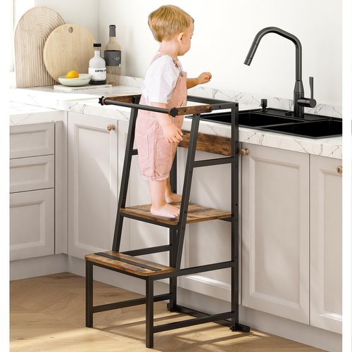 Wisdom Star Foldable Toddler Tower for Kitchen, Step Stool for Toddler Height Adjustable, Stool Helper with Safety Rail, Bathroom Kid Step Stool with Anti-Slip Protection, Counter Learning Tower
