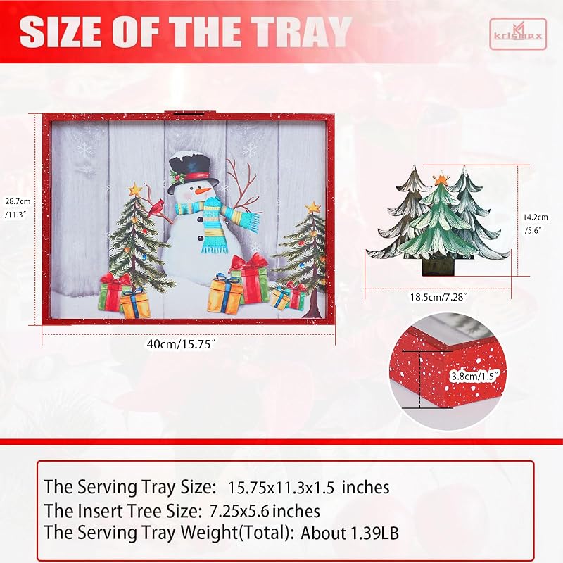 Christmas Serving Tray with Handles - 15.7 x 11.3 x 1.5 in, Red