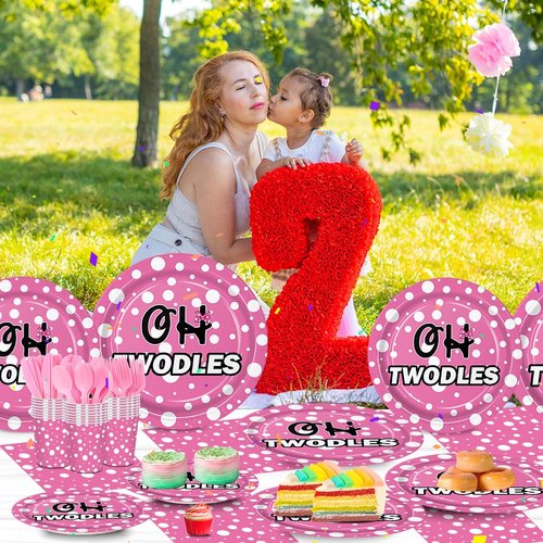 168pcs Oh Twodles Birthday Party Supplies Girl Pink Cartoon 2nd Plates Napkins Disposable Paper Cups Oh Twodles Tableware Set Two Years Old Party Decorations for Kids Girls Birthday Decor Serve 24
