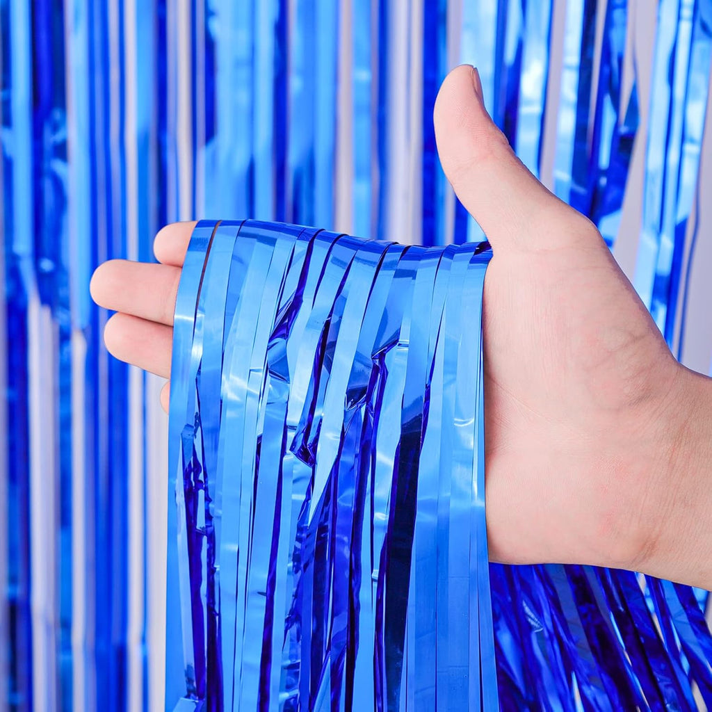 Voircoloria Blue Foil Fringe Backdrop Curtains - 4 Pack Tinsel Streamers for Parties & Events