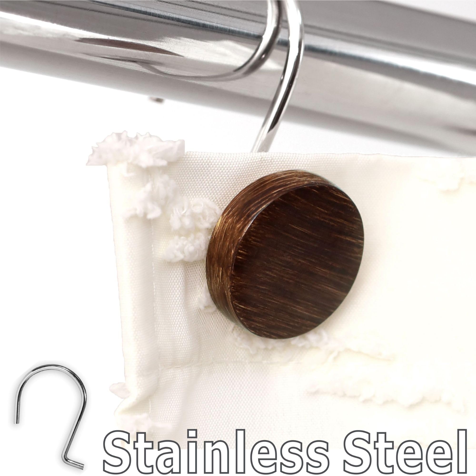 Farmhouse Boho Shower Curtain Hooks: Rustic Wood Textured Resin Button Hooks Stainless Steel Rings - Decorative Fall Winter Christmas Bathroom Accessories for Western Vintage & Nature-Inspired Décor