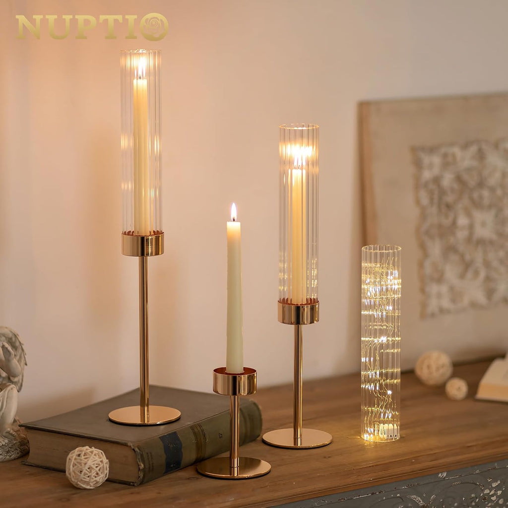 NUPTIO Tall Candlestick Holders - Elegant Hurricane Candle Holders with Ribbed Glass Sleeve | Set of 3 Gold Metal for Table & Fireplace Decor