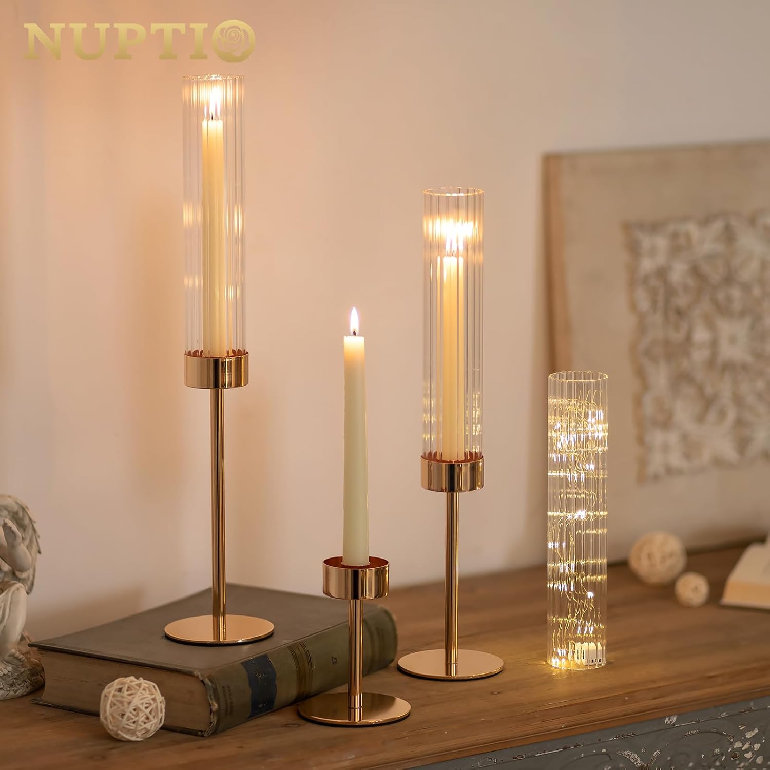 NUPTIO Tall Candlestick Holders - Elegant Hurricane Candle Holders with Ribbed Glass Sleeve | Set of 3 Gold Metal for Table & Fireplace Decor