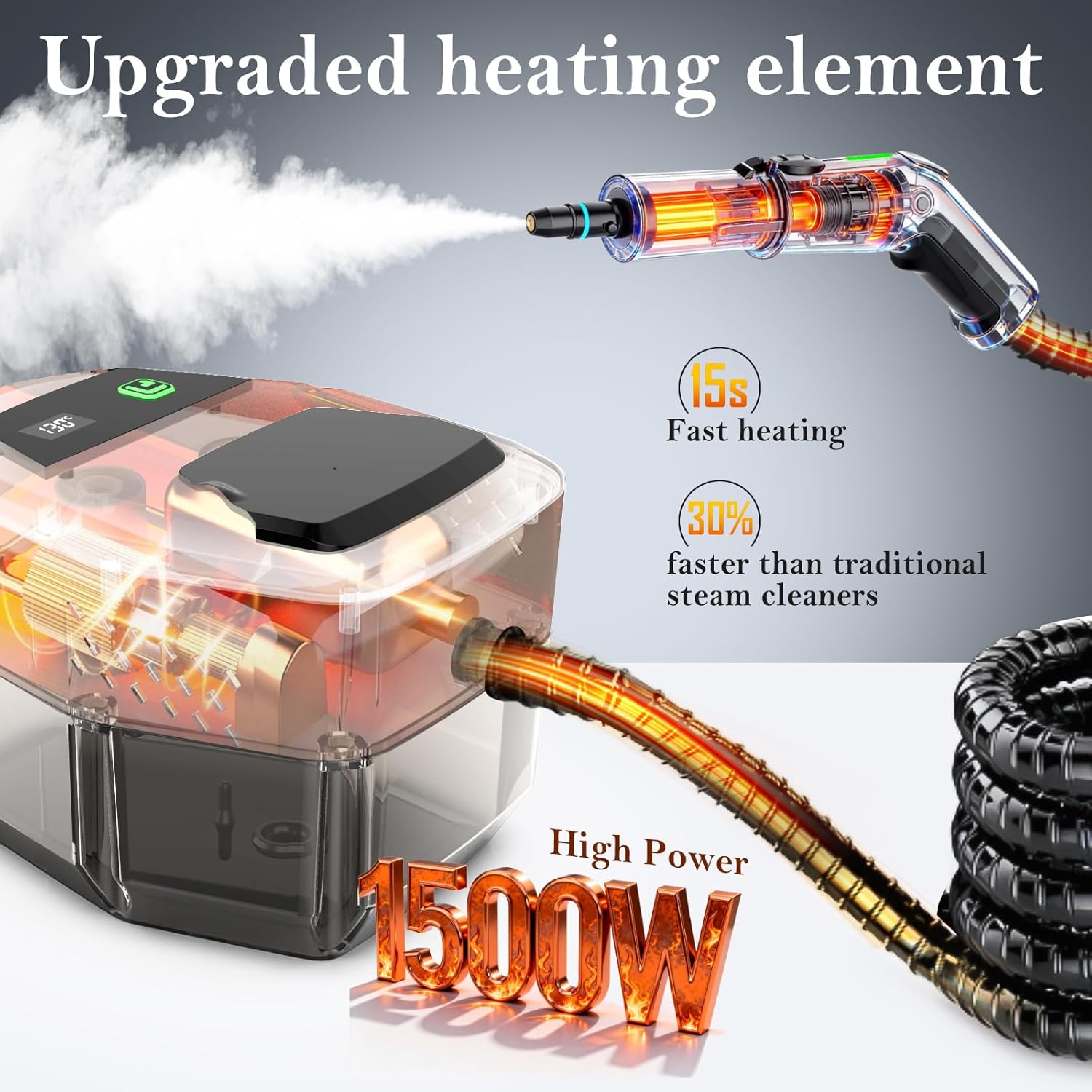 Skiennix Steam Cleaner - 3-Level Adjustable Handle, 15s Heat-Up, 1.8L Tank, 12 Accessories | Ideal for Home & Car Cleaning