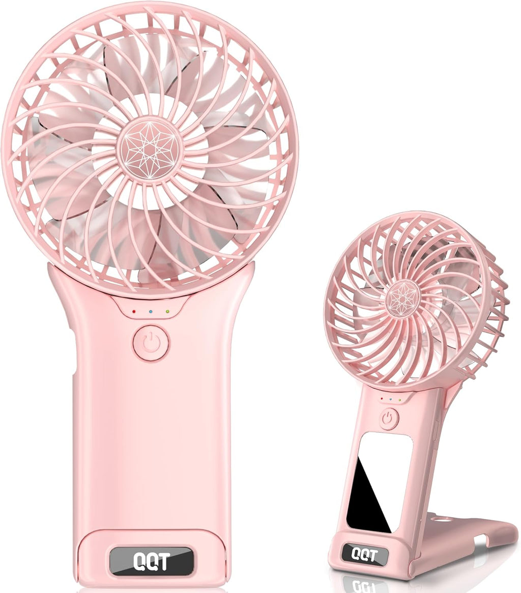 QQT Mini Handheld Fan - 4 Speed Adjustable USB Rechargeable Portable Fan with Mirror | Pink, 20-Hour Battery Life