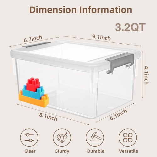 Citylife Small Storage Bins - 3.2 QT Clear Plastic Containers with Lids | Stackable Organizing Solution (6 Pack)