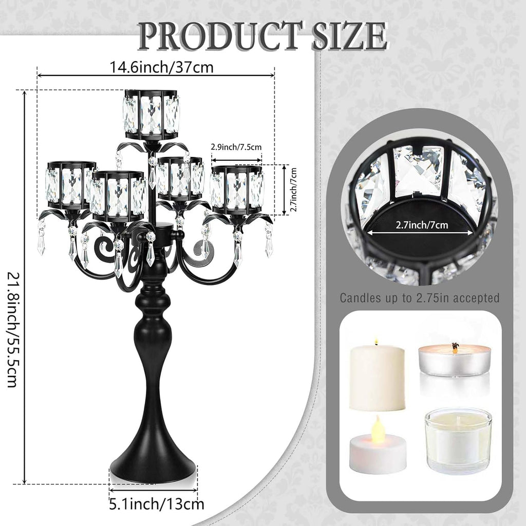 Skiennix 5-Arm Crystal Pendant Candle Holder - Elegant 22-Inch Tall Wedding Centerpiece | Black Finish