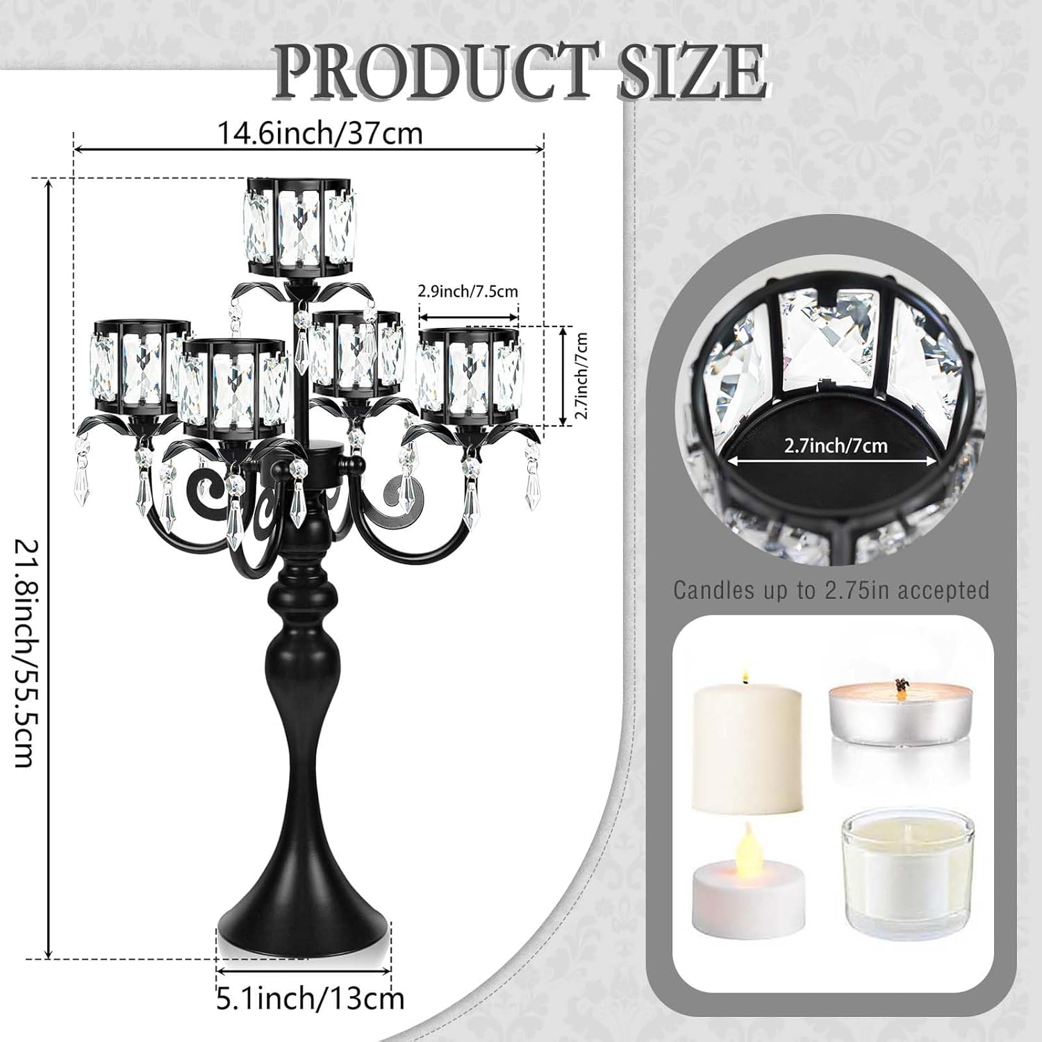 Skiennix 5-Arm Crystal Pendant Candle Holder - Elegant 22-Inch Tall Wedding Centerpiece | Black Finish