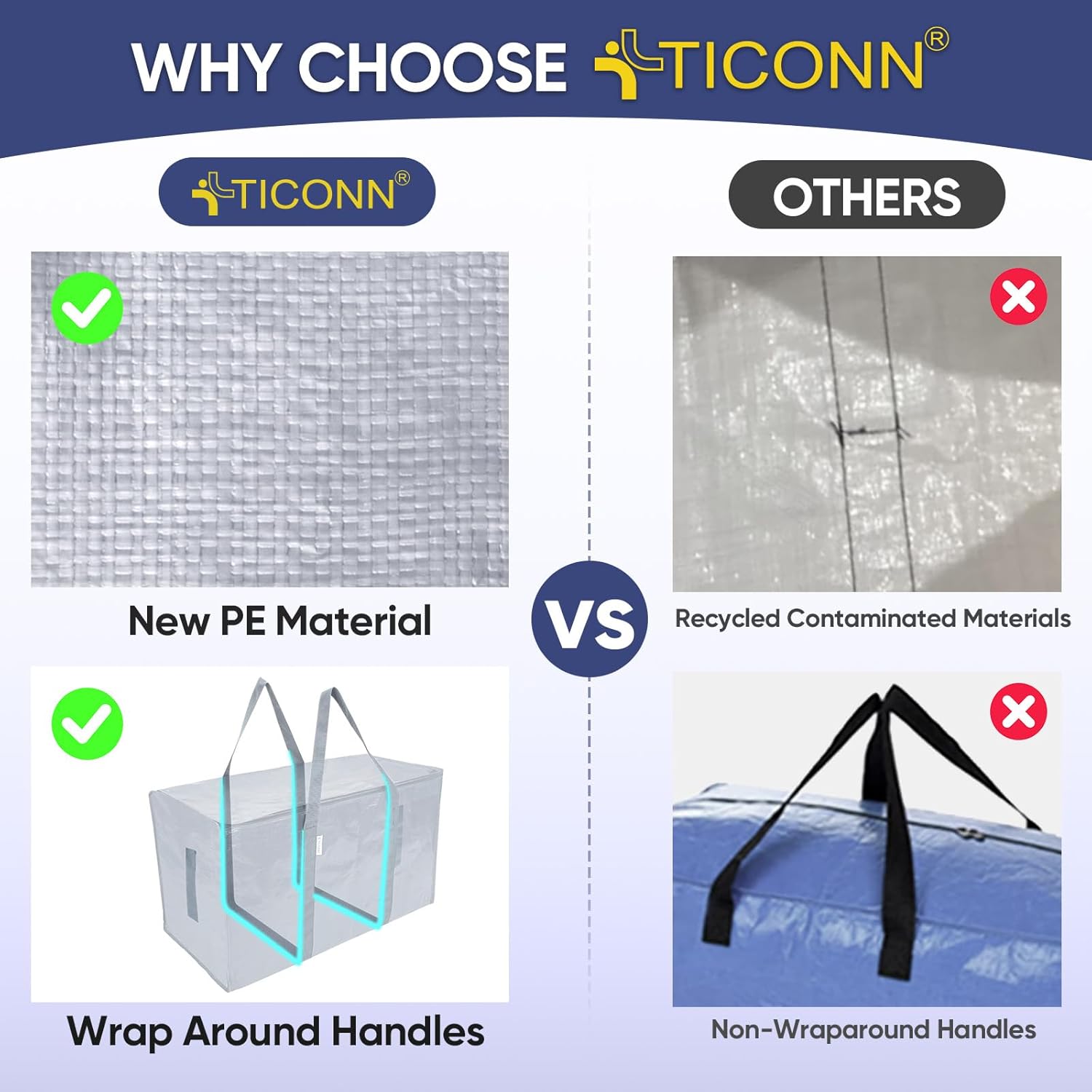 TICONN Extra Large Heavy-Duty Moving Bags - Durable Storage with Zippers & Handles | Light Grey (2 Pack)