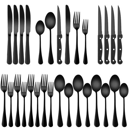 24-Piece Black Silverware Set with Steak Knives Black Stainless Steel Flatware Set for 4 Food Grade Tableware Cutlery Set Rust-proof, Mirror Polished, Dishwasher Safe