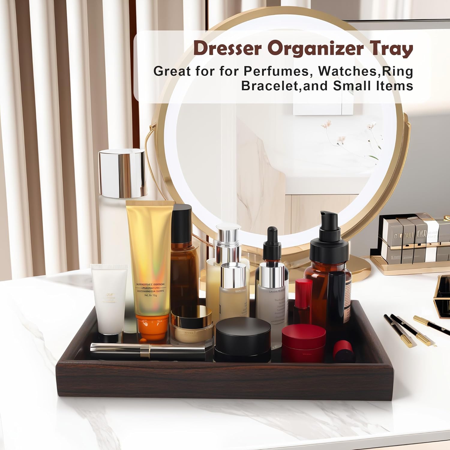 Zosenley Wooden Valet Tray - Stylish Leather Base Nightstand Organizer for Keys, Wallet, Phone & Jewelry (Black)