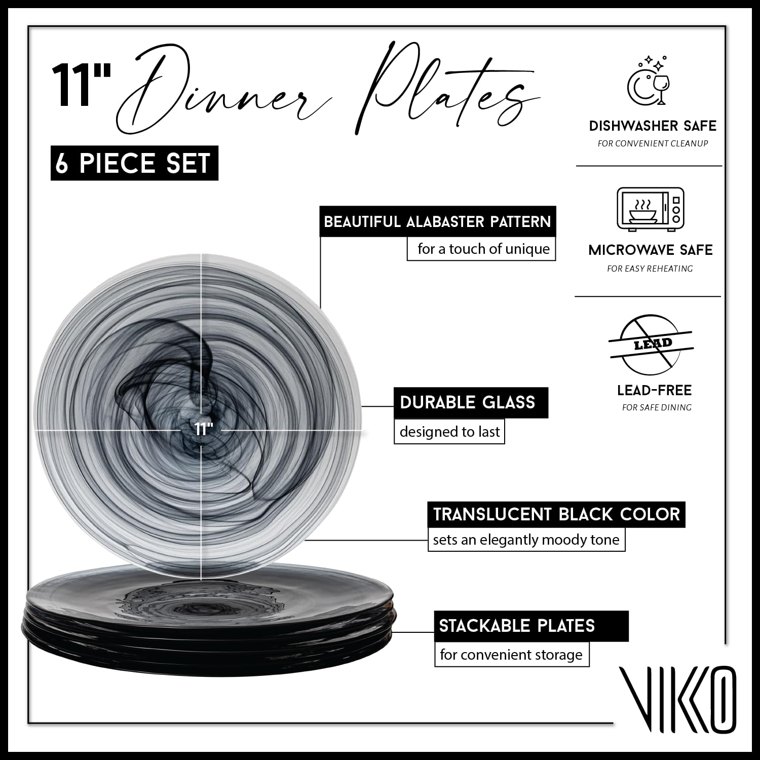 Vikko Dinner Plates, Set of 6 Black Alabaster Plates, 11" Plate with Marbelized, Swirl Design, Elegant Glass Plate, Dishwasher Safe