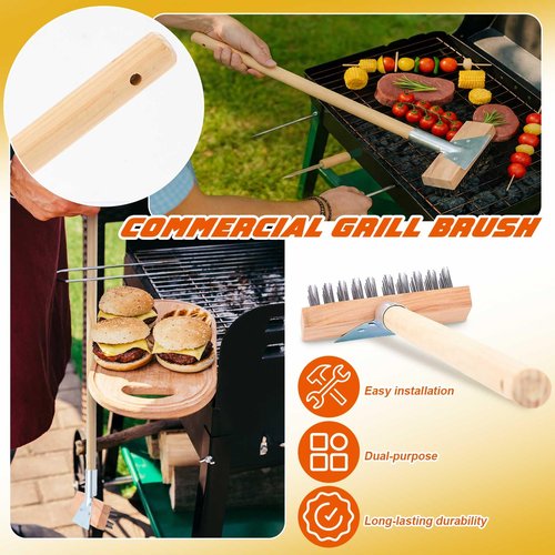 Kritkin 1 Pcs Stainless Steel Grill Brushes, Commercial Grill Scraper with 30'' Long Wooden Handle Oven Charbroiler Cleaning Brush for Outdoor Kitchens BBQ Restaurants