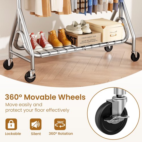 JIEJIERUI Heavy Duty Clothes Rack for Hanging Clothes, Double Rods Clothing Rack with Lockable Wheels, Rolling Garment Racks with Shelf, Easy to Assemble, Silver