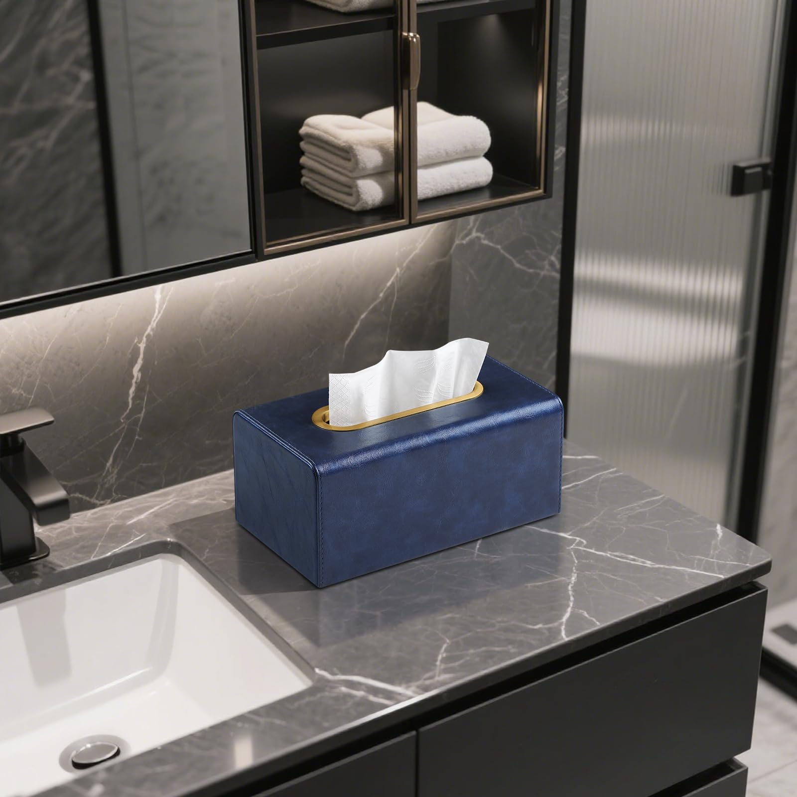 MEIBOOCH PU Leather Tissue Box Cover Rectangular Tissue Box Holder for Boxes Up to 3.9" Tall, Decorative Rectangle Tissue Cover for Bathroom Living Room Car Office (Navy Blue)