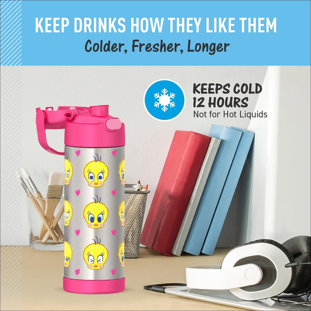 THERMOS FUNTAINER 16 Ounce Stainless Steel Vacuum Insulated Bottle - Wide Spout Lid | Looney Tunes Design