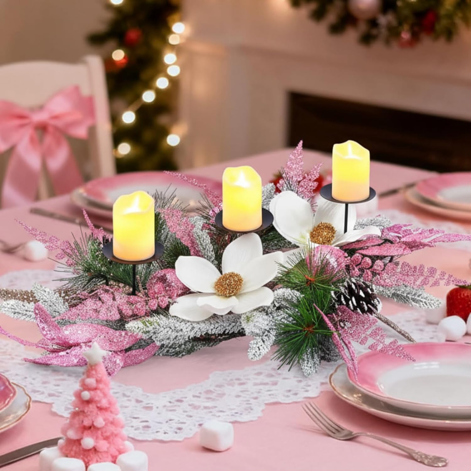 Maxdot Pink Christmas Candle Holder - Elegant Metal Poinsettia Design for Dining Table Decor | Festive Centerpiece