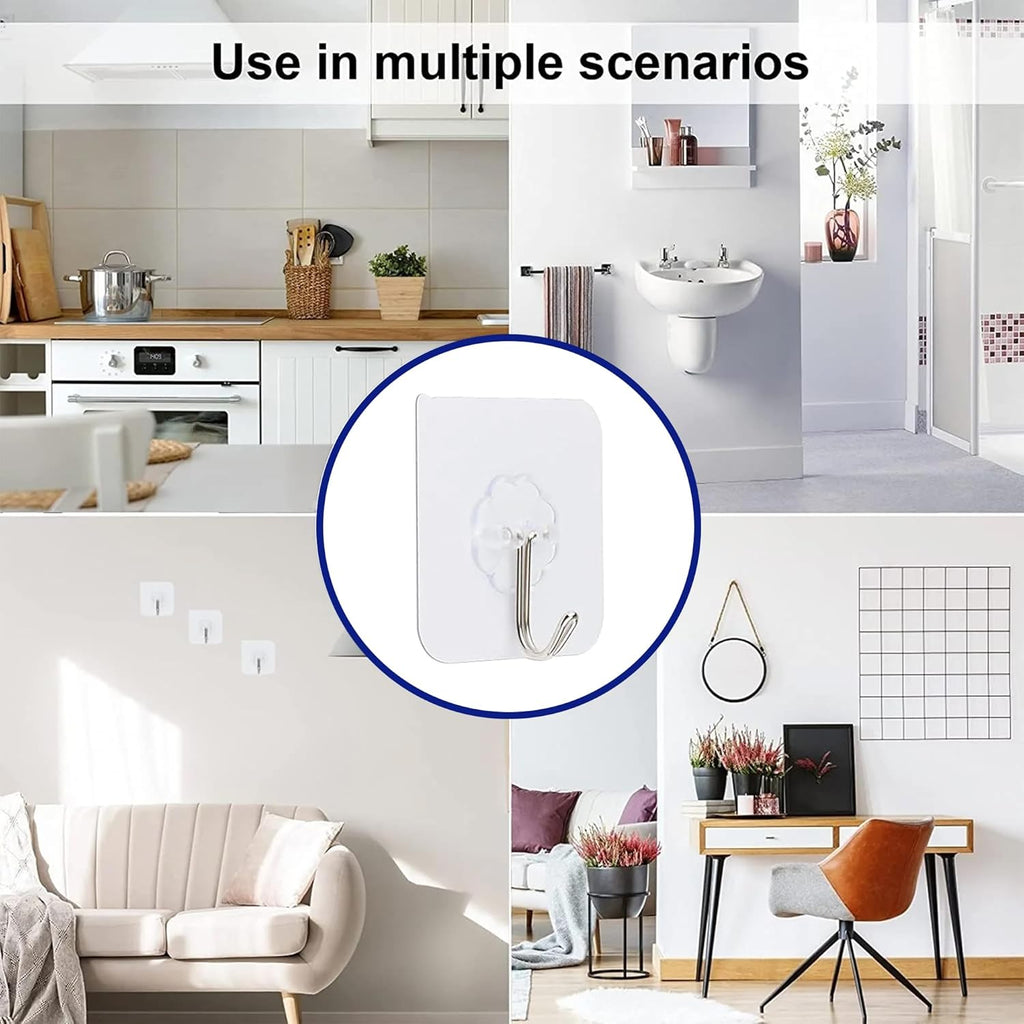 Adhesive Hooks - Heavy-Duty Self-Adhesive Transparent Wall Hooks for Bathroom & Kitchen | 50 Pack
