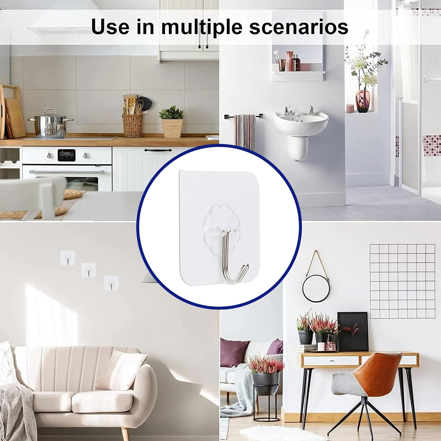 Adhesive Hooks - Heavy-Duty Self-Adhesive Transparent Wall Hooks for Bathroom & Kitchen | 50 Pack
