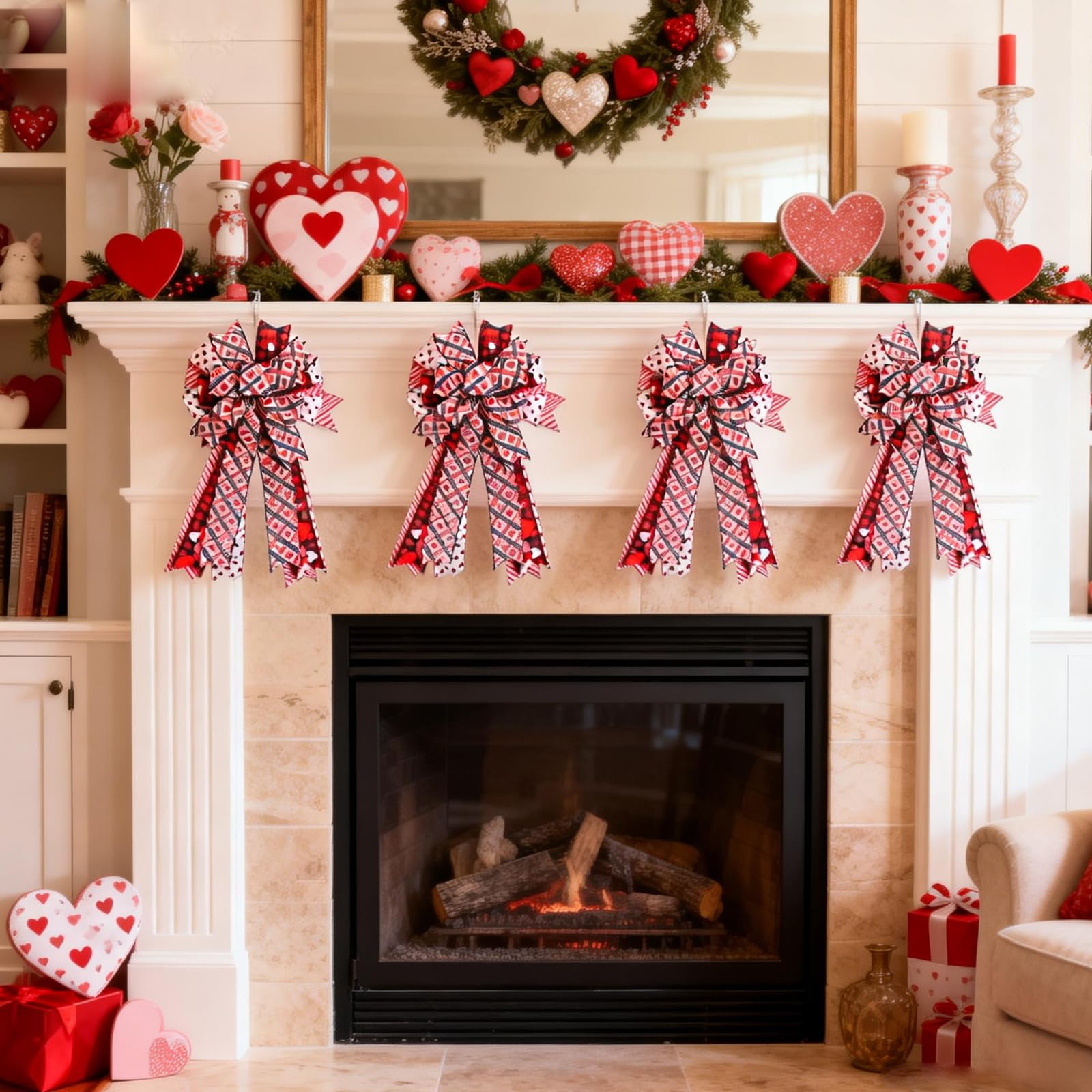 Egolot Valentine’s Large Heart Bow for Wreath Tree Topper, 20 Inch Valentines Day Red Heart Bow Decor for Party Indoor Outdoor, Red Black Bow for Party Wedding