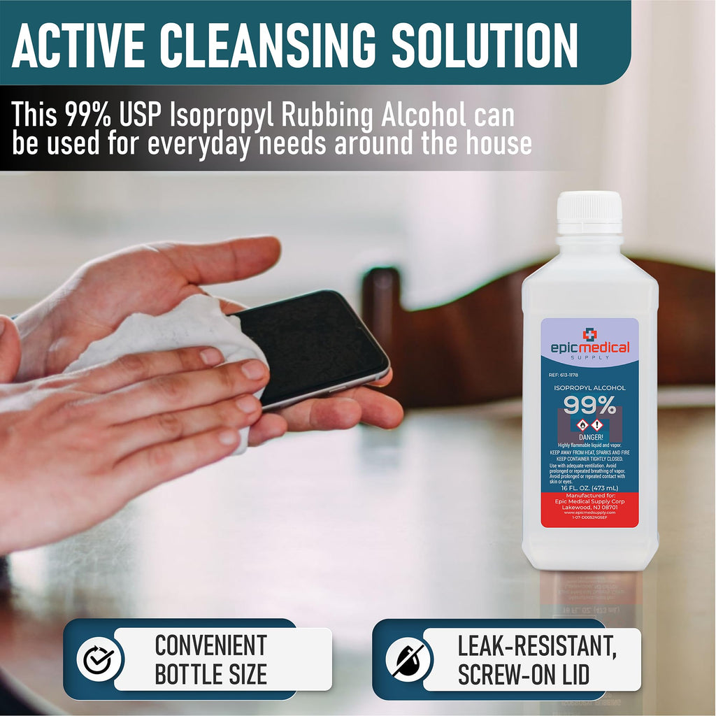 99% Isopropyl Alcohol 16 oz. Bottle, General Purpose Cleaner for Glass and PCB, Technical Grade, Alcohol for Nails (2)