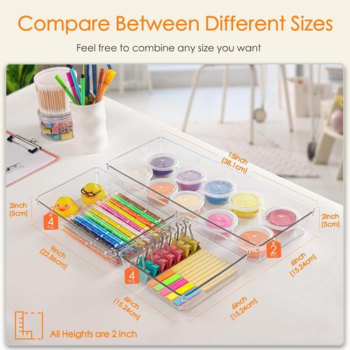 Criusia Drawer Organizer - 10 Pack Large Clear Plastic Trays | Versatile Storage for Makeup, Bathroom & Kitchen