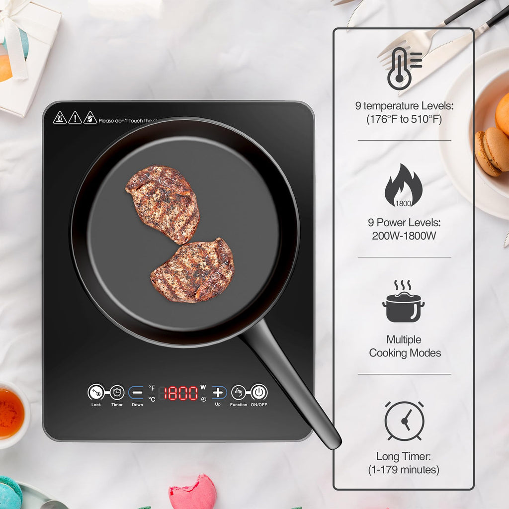 VBGK Portable Induction Cooktop With Ultra Thin Body, Low Noise Hot Plate With 1800W Sensor Touch Single Electric Cooktops Countertop Stove With 9 Temperature & Power Levels, 3-hour Timer, Safety Lock
